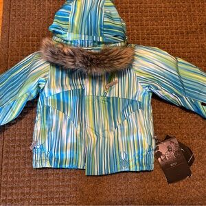 Spyder Kids Multicolor Striped Puffer Jacket with Faux Fur Hood